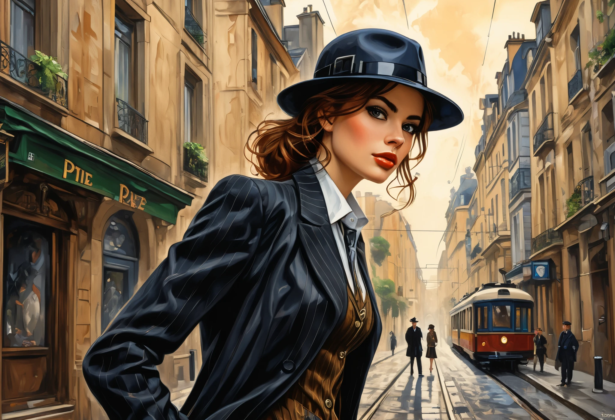 Style (cover art:1.3) of a young woman standing, medium shot, (front-view:1.3), (beautiful detailed face), she wearing detective style clothing, comic, {style of Arthur Adams|(style of Leonid Afremov:1.1)}, train in background, intricate detailed, high-resolution image