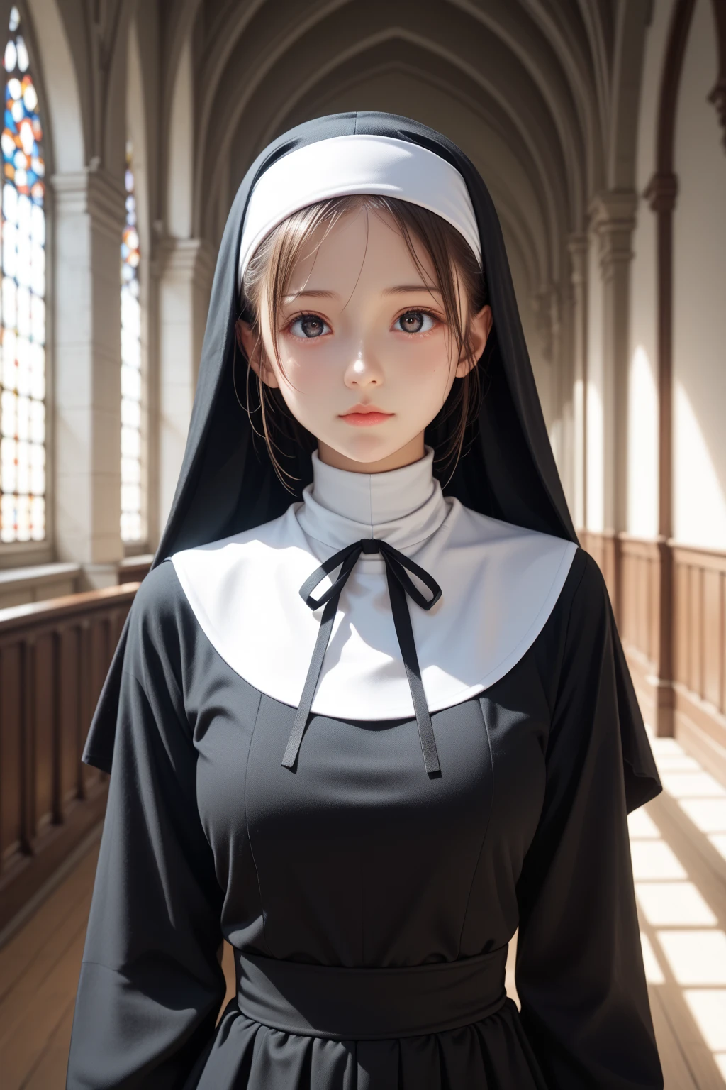 score_9,score_8_up,score_7_up,BREAK, rating_safe,source_real,one girl,,tiny,slender,cowboy_shot,small face,round face,beautiful eyes,almond eyes,tareme,black eyes,nun costume,looking at viewer,medium breasts,indoors