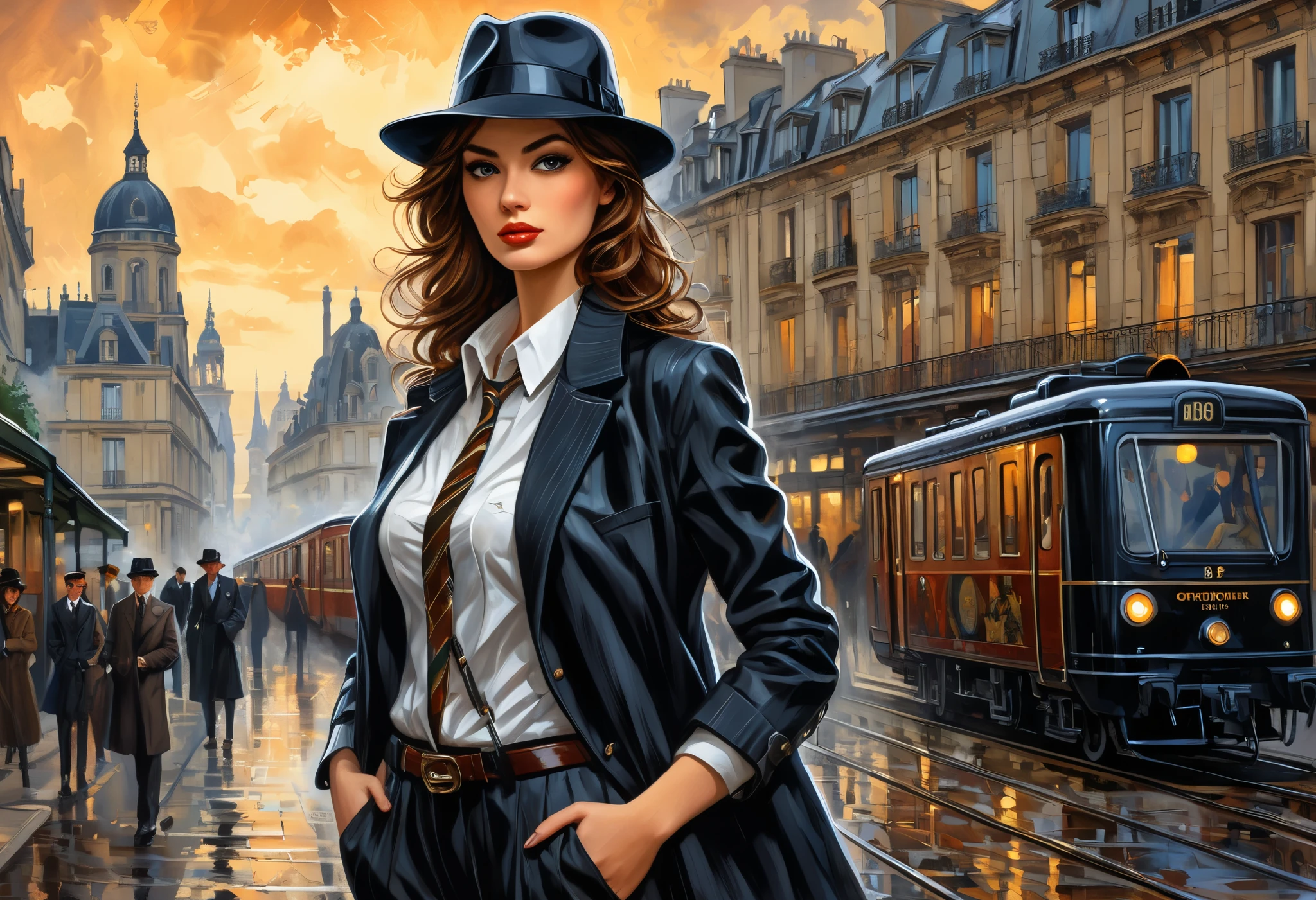 Style (cover art:1.3) of a young woman standing, medium shot, (front-view:1.3), (beautiful detailed face), she wearing detective style clothing, comic, {style of Arthur Adams|(style of Leonid Afremov:1.1)|style of Jay Anacleto}, set in French, train in background, intricate detailed, high-resolution image