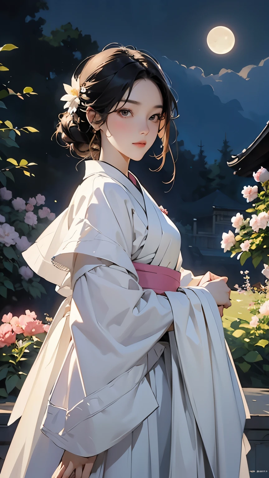  best quality, expensive_resolution,  clear_image,  detailed background , girl, hanbok,flower,garden,moon,   knight ,