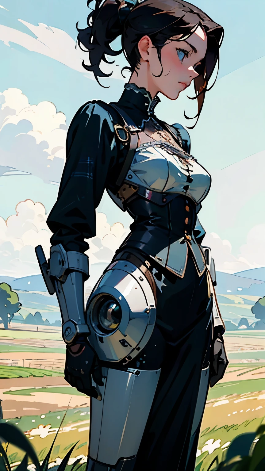 There's a robot with a woman standing in a field, Vogue Italy, Tartan clothing, CLASSIC ANIMATION , Scott Robertson, 2 models , Victorian Photography, two women, Cyborg Warrior