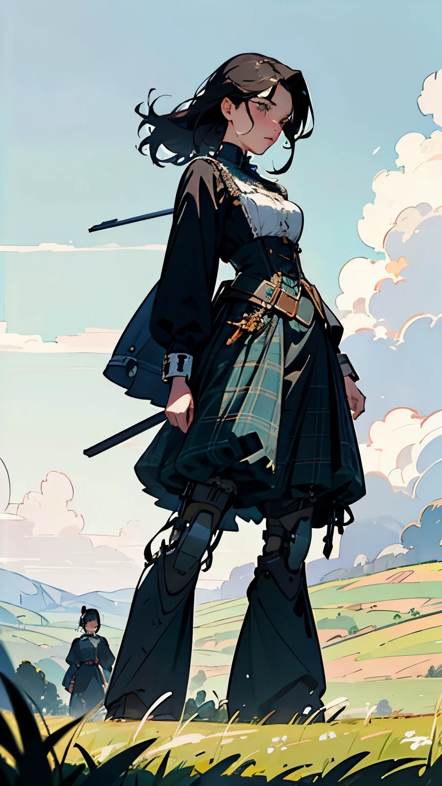 There's a robot with a woman standing in a field, Vogue Italy, Tartan clothing, CLASSIC ANIMATION , Scott Robertson, 2 models , Victorian Photography, two women, Cyborg Warrior