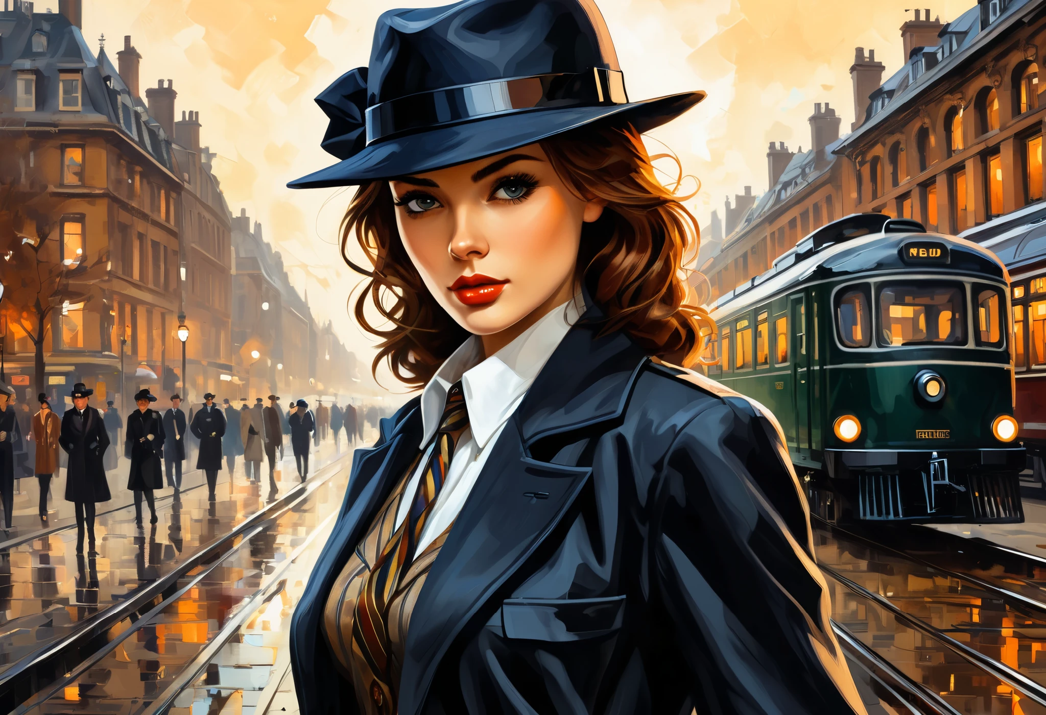 Style (cover art:1.3) of a young woman standing, medium shot, (front-view:1.3), (beautiful detailed face), she wearing detective style clothing, comic, {style of Arthur Adams|(style of Leonid Afremov:1.1)}, train in background, intricate detailed, high-resolution image