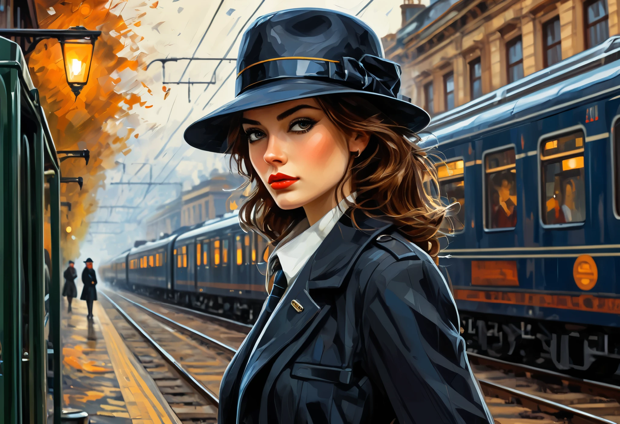 Style (cover art:1.3) of a young woman standing, medium shot, (front-view:1.3), (beautiful detailed face), she wearing detective style clothing, comic, {style of Arthur Adams|(style of Leonid Afremov:1.1)}, train in background, intricate detailed, high-resolution image