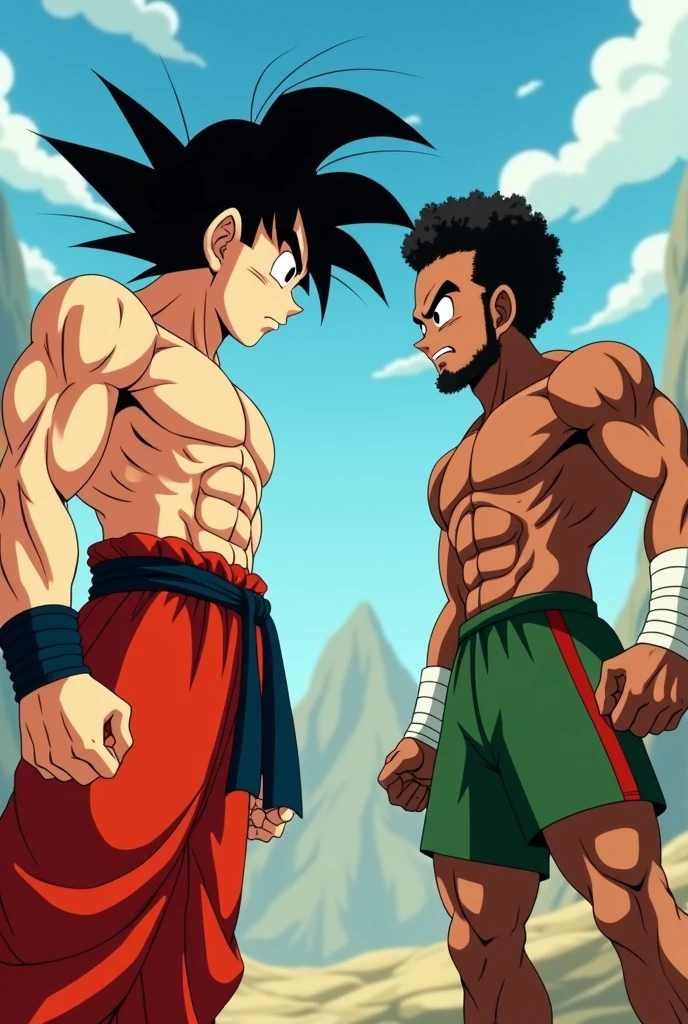 (Eine detaillierte Zeichnung von broly , Bodybuilding-muskelstrand.), With bare upper body, Kleidung boxershorts, the strongest of all, huge muscular body, big Bizeps, large shoulders, Muskelbeine,Abs, barefoot, Toes , Full body image , flexing muscles on the Beach 