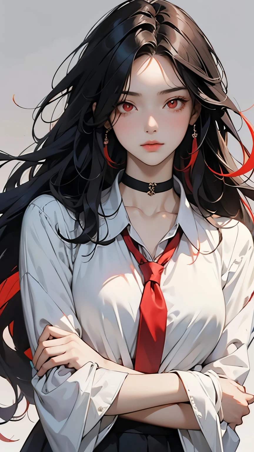 best quality, complex details, Color Difference, 1 girl , long hair, black hair, messy hair , Red highlights, Hair over one eye , red eyes, Sharp Eye, choker,, , their four , arm behind back , Tie your arms,