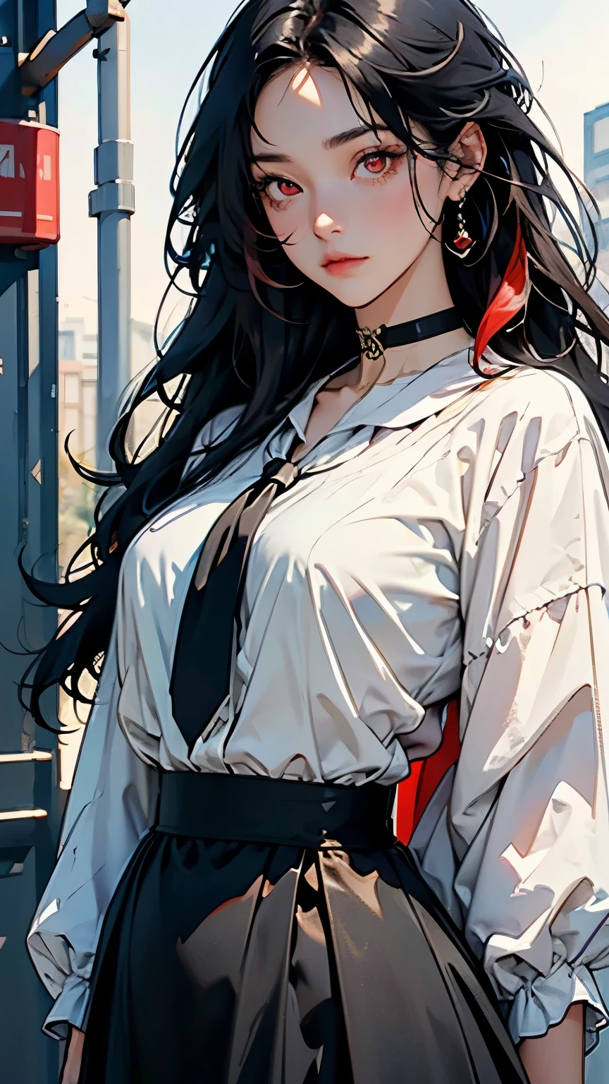  best quality,  complex details,  Color Difference,  1 girl ,  long hair,  black hair,  messy hair , Red highlights, Hair over one eye , red eyes, Sharp Eye,  choker,, ,  their four ,   arm behind back , Tie your arms,  