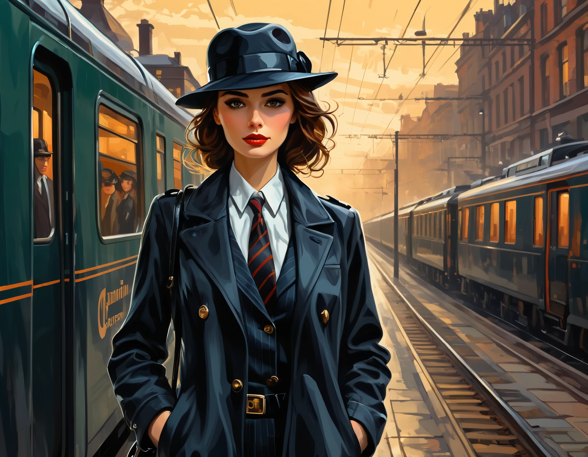 Style (cover art:1.3) of a young woman standing in-front of a train, medium shot, front-view, (beautiful detailed face), she wearing detective style clothing, comic, {style of Arthur Adams|style of Leonid Afremov}, simple background, intricate detailed, high-resolution image