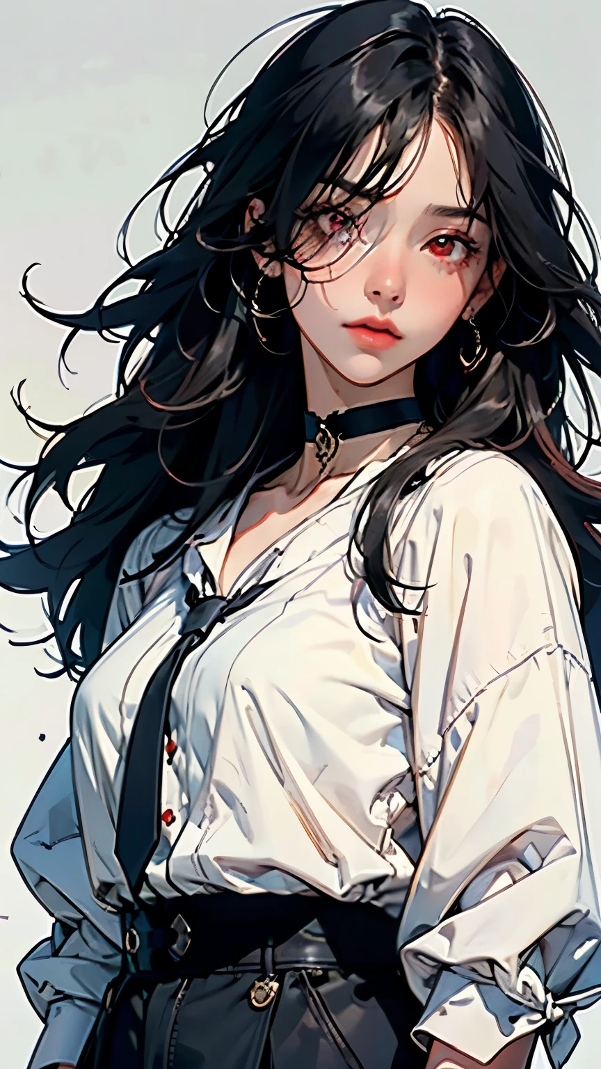 best quality, complex details, Color Difference, 1 girl , long hair, black hair, messy hair , Red highlights, Hair over one eye , red eyes, Sharp Eye, choker,, , their four , arm behind back , Tie your arms,