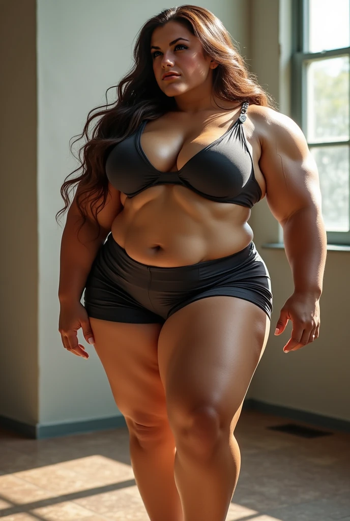 beautiful short 5 feet tall stocky athletic girl, masterpiece, photorealistic, hyper-detailed, 8k, short stocky trim build, enormous giant disproportionately huge protruding absurdly comically oversized 44I cup breasts, ((tight midsection)), thick muscular quads, athletic body, standing in locker room, wearing tiny gym clothes, intricate details, studio lighting, dramatic lighting, vivid colors, dynamic pose, non-muscular, , trim flat abs, sexy seductive pose, ((she's in love with you))
