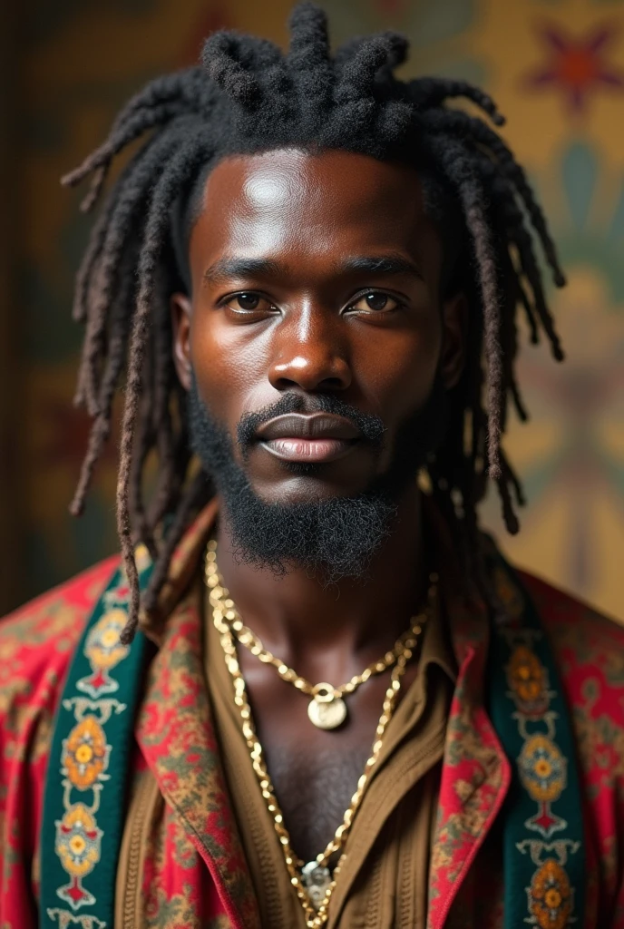 21-year-old man, africano, black hair with dreadlocks combed back, cabello de longitud media, ropa medieval, imagen de cuerpo completo, castillo estilo africano en el fondo,