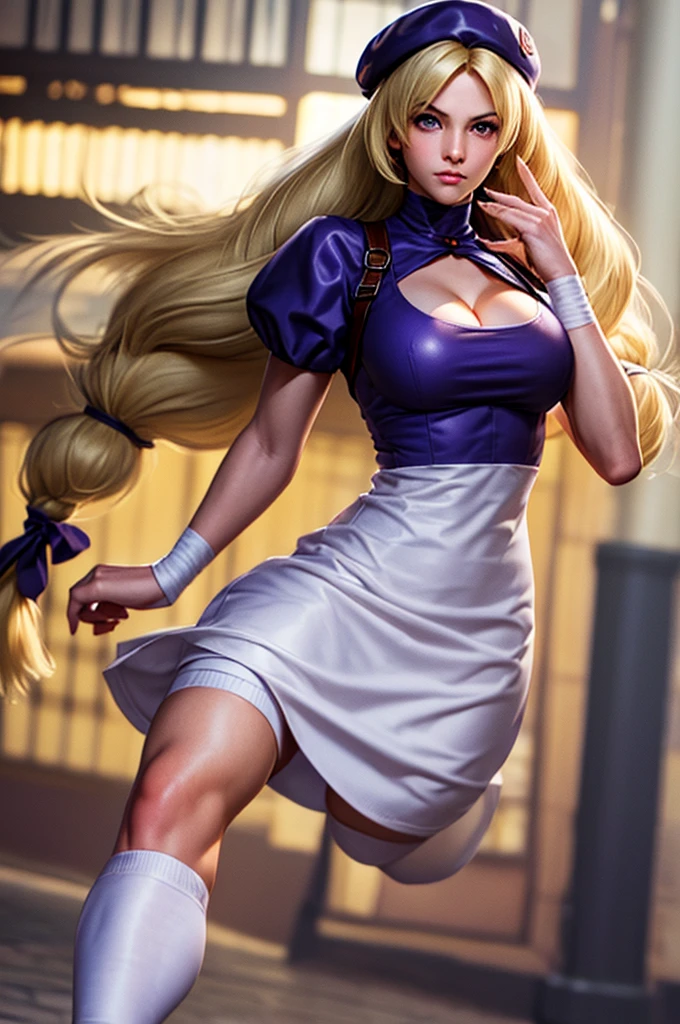 Beautiful face, perfect face contour, beautiful eyes, beautiful hair, long blonde hair, best quality ((best quality:1.5))((best quality eyes:1.2)),skindentation, cleavage,hinakoms hat dress beret bandages backpack  ribbon knee pads short sleeves, purple eyes, breasts 