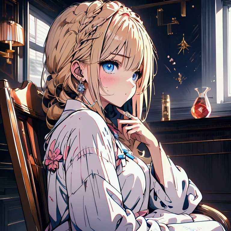 （（ best quality） comical anime style、luxury、 upper body） girl、Blonde、Nightwear、Young lady、 sitting on a chair 、（luxuryな） in the room、morning、 light shines in through a window、 front、（Body） to the back right、Blue Eyes、、 face、Sleepy face