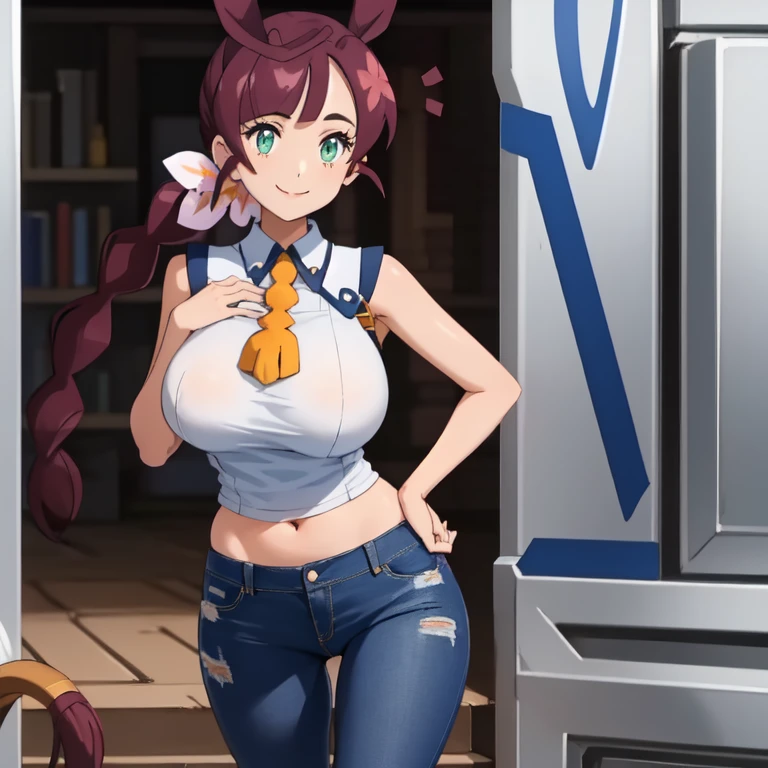 1 girl,  smiling, Big breast,  wide hips , short jeans, sleeveless t-shirt, 1 hand on the chest , The other hand on the hip