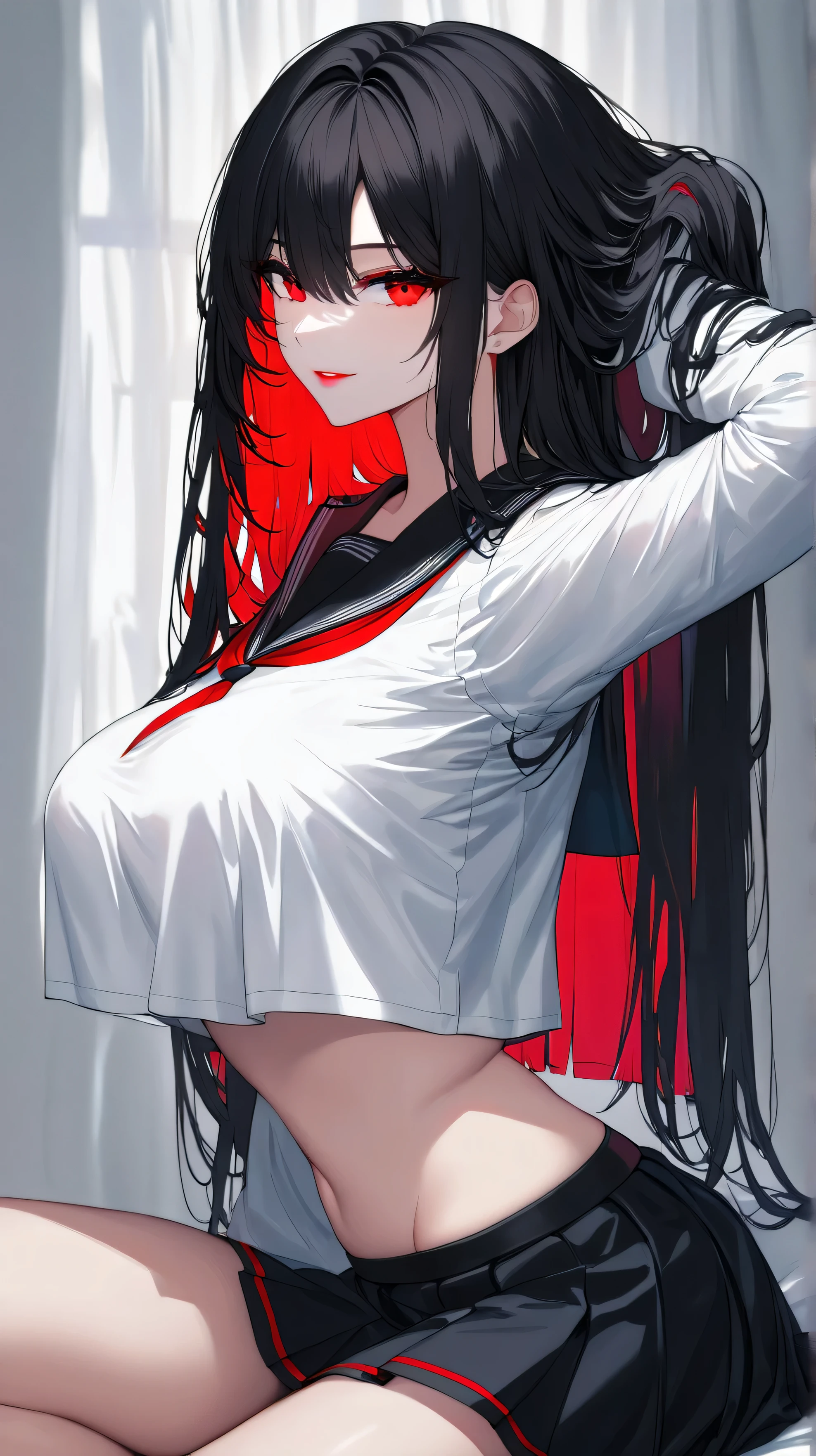 ((Masterpiece))A girl, small breasts, thin waist, packed skin add_detail, detailed red pupils add_detail, by white add_detail, Ponytail hairstyle, perfect skin, in a mini kimono, barefoot add_detail