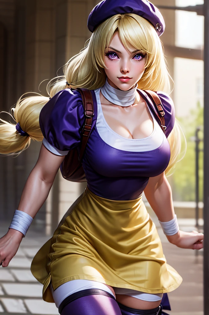 Beautiful face, perfect face contour, beautiful eyes, beautiful hair, long blonde hair, best quality,hinakoms hat dress beret bandages backpack ribbon knee pads short sleeves, purple eyes, breasts
