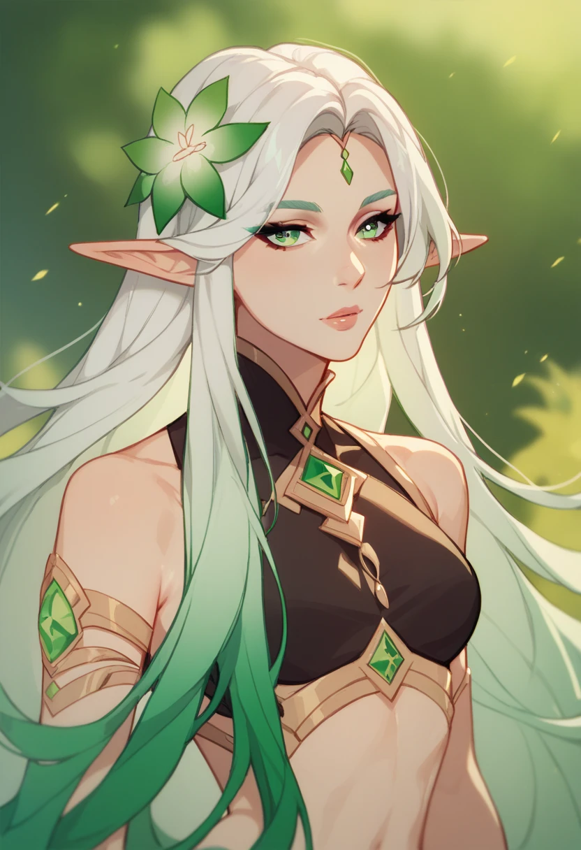 Solo, Rukkhadevata from GenshinImpact,  elf woman, fair skin, long hair, gradient hair, white hair, green hair, green eyes, ample bosom, dendro powers