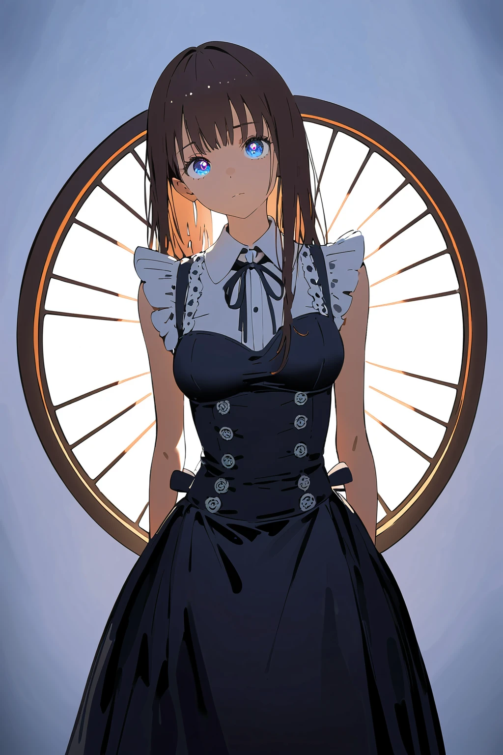 (Masterpiece:0.9), best quality, (illustration, very aesthetic:0.95), (ultra detailed), 1girl, , s, intricate details, solo, standing, slim, skinny, medium breast, detailed eyes, looking at viewer, head tilt, shy, (full body), arms behind back, maid outfit, grabbing dress, (cinematic lighting, rim light), absurd, (white background:1.4), 