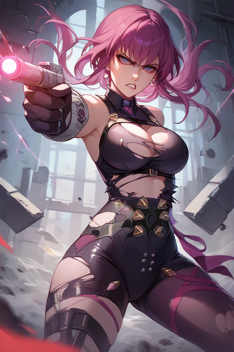 1girl,solo,kafka_(honkai:_star_rail),  torn clothes,exploding clothes, BREAK,covering privates, breast out,large breast, mediun breast,nipple.
looking at viewer, torn panties,black bra, grit teeth,glaring, dutch angle,holding piston ,aiming at viewer,frown,fighting stance,(battle:1.2),electro effect ,dungeon background.
,masterpiece,best quality,anime.