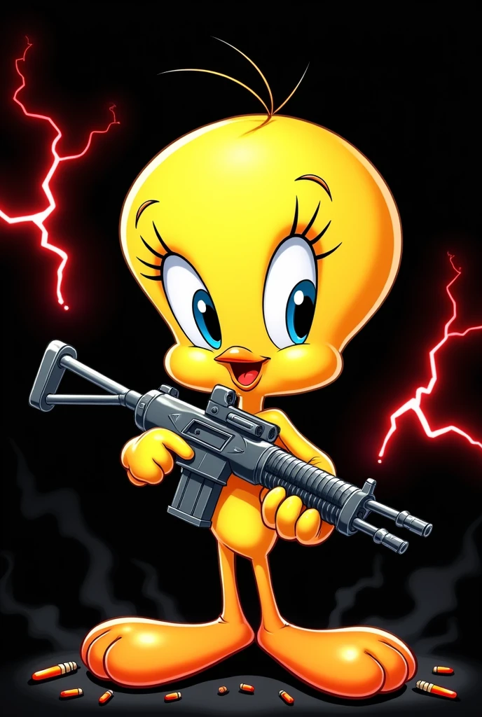 Tweety a little angry Tearing up a black and white poster so that only his head and hands are visible 