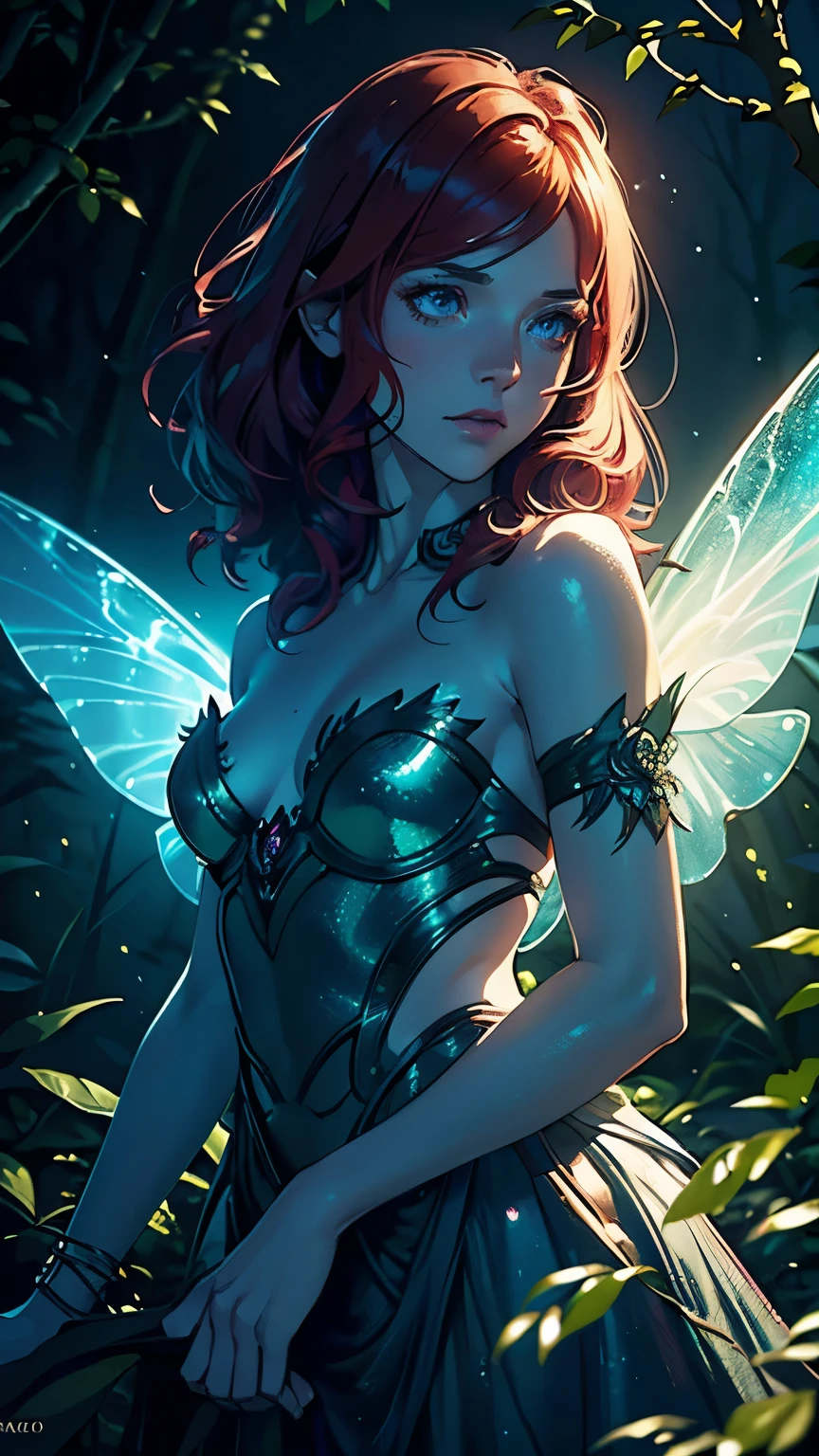 Make a picture where a beautiful fairy with flirty eyes is bound. She is wearing a sheer skirt with a grayish sheen. The fairy is the focal point of the image, with delicate features and an ethereal presence. The scene is set in a mystical forest, with sunlight filtering through the leaves, creating a magical atmosphere. The colors in the image are vibrant and enchanting, with a mix of soft pastels and vibrant jewel tones. The fairy's wings are translucent and shimmer with iridescent hues. Her pose is alluring, with a slight tilt of her head and a mischievous smile on her lips. The details of her flowing hair and the intricate patterns on her wings are meticulously rendered, creating an ultra-detailed and realistic portrayal. The overall image quality is of the highest standard, with a resolution of 4K or higher. The lighting in the scene is soft and diffused, accentuating the fairy's beauty and creating a dreamlike ambiance. The prompt captures the essence of a magical and captivating artwork, combining the elements of fantasy, beauty, and allure.