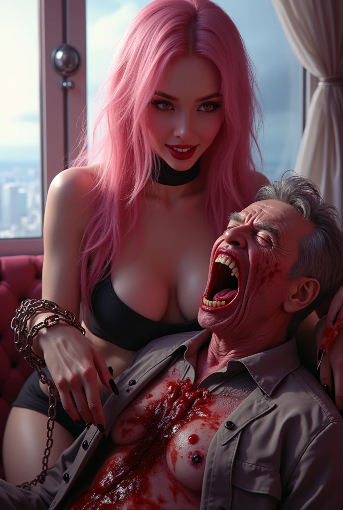 (((photorealistic:1.4))), ultra realistic, pores, (((masterpiece))),high quality, ultra details, realistic white skin beautiful smilling face pretty korean idol girl showing very long sharp black shiny fingernails, blood on the body and hands, model, very pretty, vein on hands, wearing sexy bloody outfit, ring on fingers, long yellow hair, long earrings, big necklace, sitting next to tired expression of realistic ugly old man tied up on the bed with throat ripped holding knife, show organs, no hands and legs, rope on the neck, scratch mark, blood splatter everywhere, no hands and legs, extreme gore, looking at camera, night, luxury room with torture device on the table, high key, bright, vagina smothering, a lot villagers die on the floor with blood,