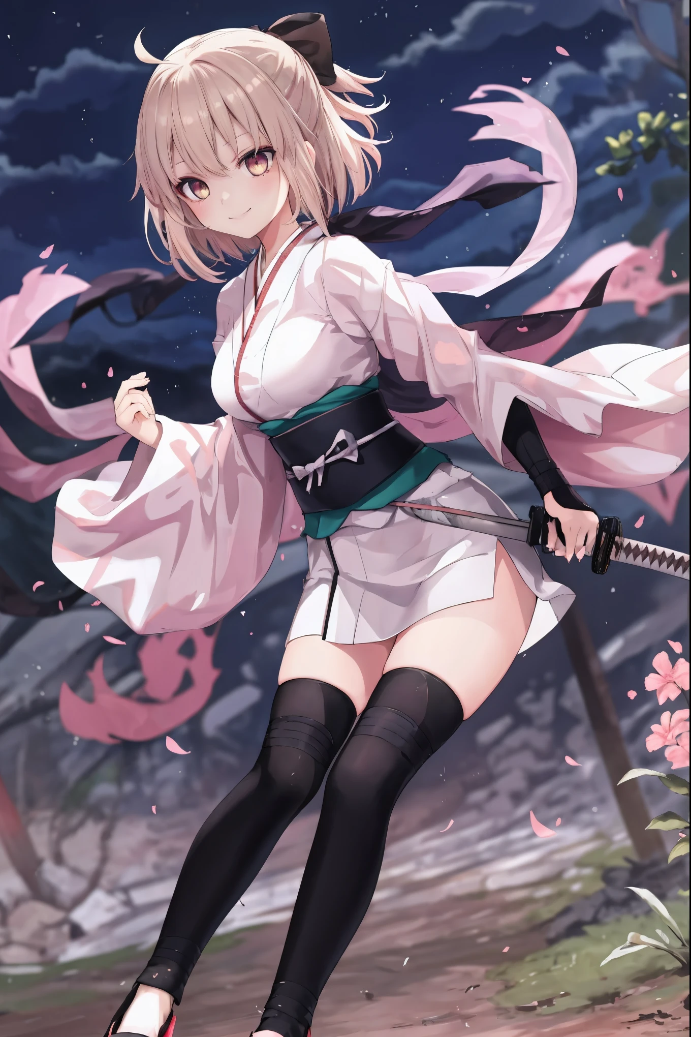 masterpiece, best quality, integrated scenery, integrated background, extremely delicate and beautiful, meticulous details, good composition, , cute face, perfect face, perfect hands, 1girl,okita souji \(FGO\), white_nosleeves_short_kimono,
smile,dynamic_prepare_katana_posing,happy,gold_half_eyes, thigh-highs, straw_sandals,medium_breasts, midriff , right leg forward ,arm_holding_a_katana, katana, waste_katana's_sheath, ,night,old_japanese_city_landscape_background,black_long_muffler,katana_blade_in_front_of_girl,knee, bragging_face