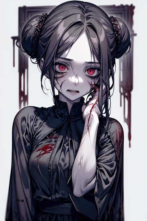 (masterpiece: 1. 2, Highest quality), (Live Action, Exquisite details), (Anatomically correct), (1 Girl, Upper Body, Small breasts, With eyes wide open, Scary atmosphere, Distorted representation, Wicked Smile, Bleeding eyes, Blood splatter, whole body, China dress, Twin-tailed bun, Black Hair, (Dark circles under the eyes), White, Sickly, Crazy Eyes, (Grin), Dramatic makeup, Mixed Media Art, Whiteの背景