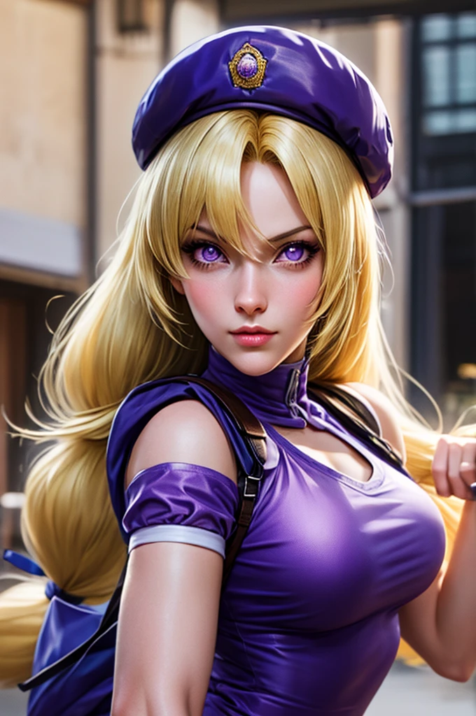 Beautiful face, perfect face contour, beautiful eyes, beautiful hair, long blonde hair, best quality,hinakoms hat dress beret bandages, backpack ribbon knee pads short sleeves, purple eyes, breasts, detailed, perfect hands 
