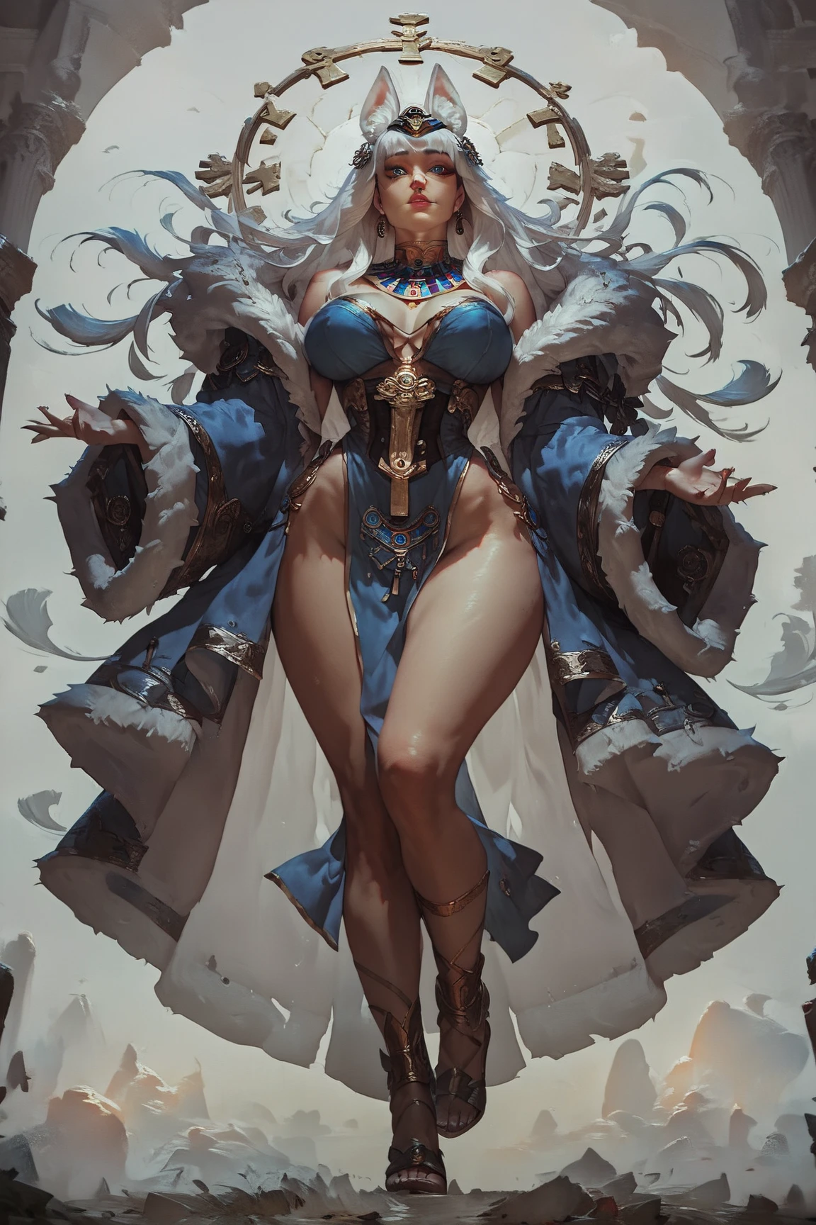 ((Woman with tattoo on chest)), girl, ((long white hair with bangs,,, Black strands of hair)), Purple eyes, White T-shirt and white cape, Pendant around the neck. 超High resolution.Realistic. 超High resolution.Realistic:1.4,超High resolution. Realistic，High resolutionで, masterpiece, Highest quality, Very detailed, Better Shadows, Volumetric lighting), super high quality, High resolution, 8k, 超Realisticな肖像画 , Realistic, Dynamic Lighting, Volumetric lighting, Very detailed顔,(Browsing Caution:1.0), Full Body Stand Posture, Thin legs, ((Large Breasts)), Detailed facial details, Natural and beautiful standing posture,