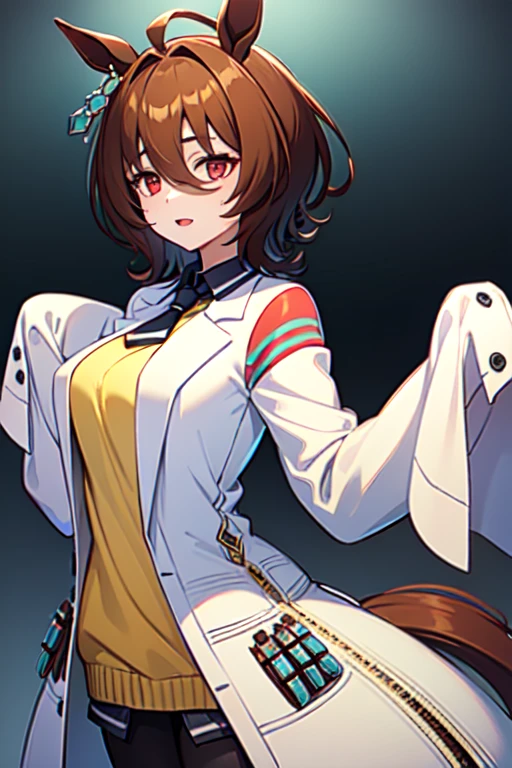  Agnes Tachyon 、Horse Girl、One person、 girl、Horse ears、Horse tail、 earring on one side 、Red eyes、 lines in eyes 、 shorthair、 brown hair 、Jacket、（White coat:1.2)、(bigger sleeve than wrist :1.1)、 yellow big sweater、 ties、 black pantyhose 、Stray hair、best qualty,