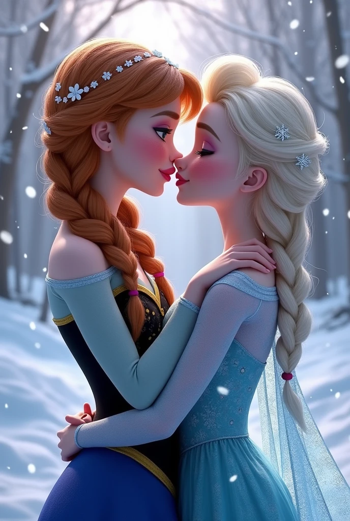 A stunning portrait of Elsa and her sister Anna touching each others breasts, kissing, French kissing, tongues touching, they are kissing, young and beautiful, hyper realistic, real portrait, backlit, exquisite features, cleavage, Elsa is in ecstasy, elsa is shorter than Anna, Anna is confident, Elsa is unsure, Anna has red hair, exposed breasts