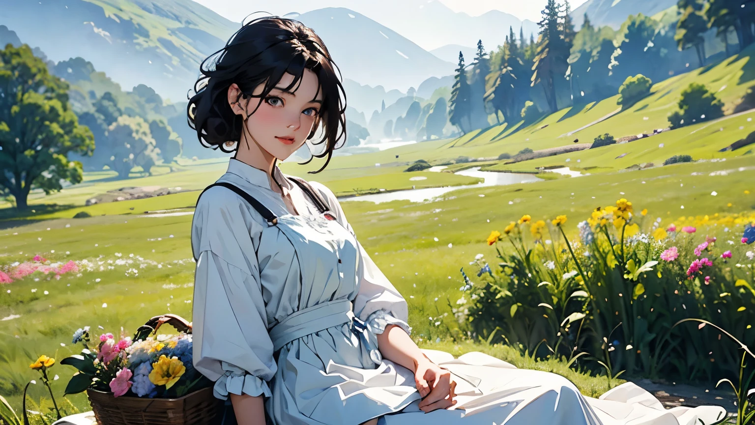 ( best quality 、 is high definition 、 Masterpiece )、(Anime art 4k)、( realistic )、(( two women、20 years old、whole body、 Admire the Beautiful Scenery 、 sit and rest on the prairie 、 eat snacks、 basket full of flowers ))、( detailed depiction of a beautiful face )、 smiling gently 、 medium short hair 、 lots of dark brown hair 、 hair with braids、White blouse and long skirt、 dress、apron、apron dress、picnic、 movie lighting 、 ray tracing、Soft light、 Welsh landscape on a misty morning 、Blooming Grassland、 Quiet morning misty meadow 、 flowers blooming all over the prairie 、( Sargent style watercolor)、