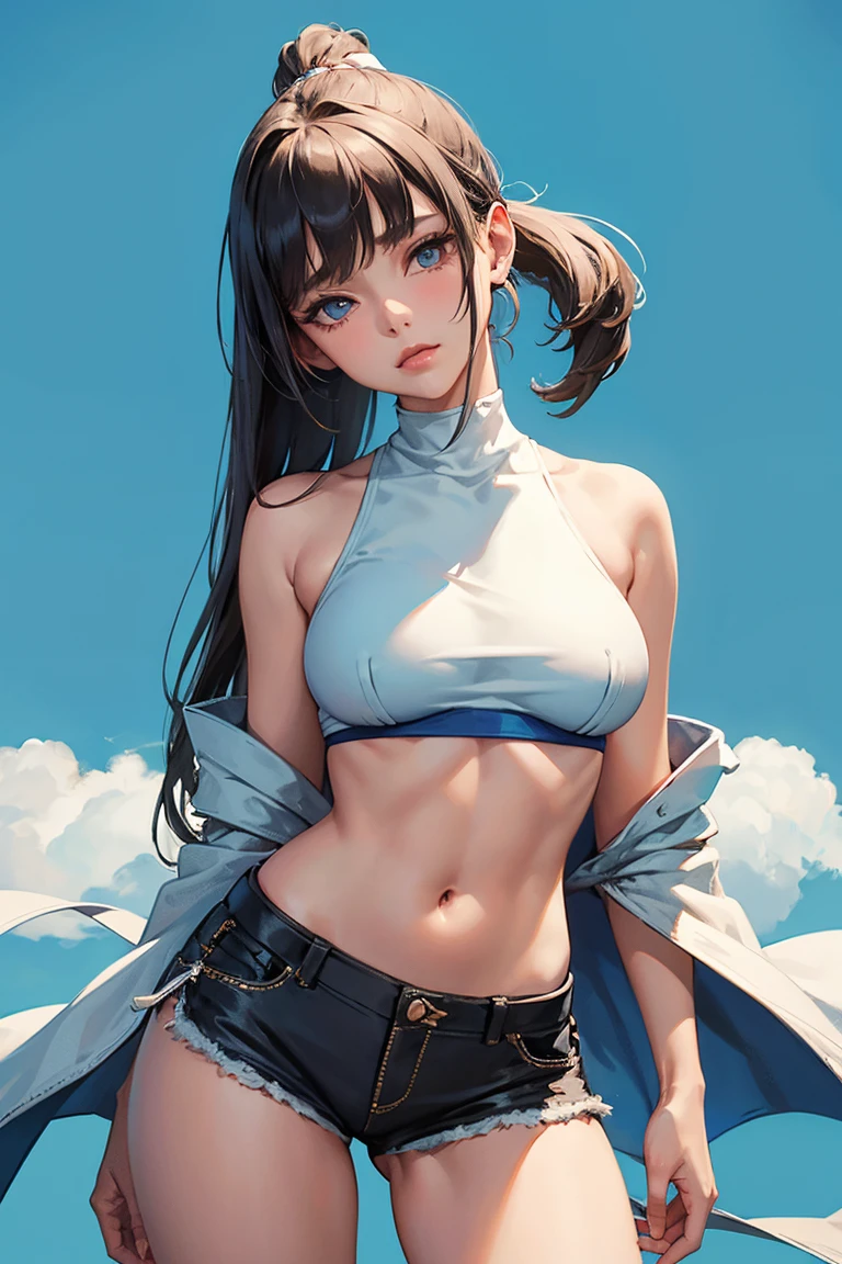 1girl,solo，Blue Background，huge breasts, crop top, short shorts, underboob, High Ponytail，Unbelievably long hair，cowboy shot,,looking at viewer，Simple style，wide angle,Dynamic Angle，(bangs_pinned_back:1.5),(head_tilt:1.7),(cuvrybody:1.1)，Lively posture，From the front，From below, looking at viewer, arms behind back, 