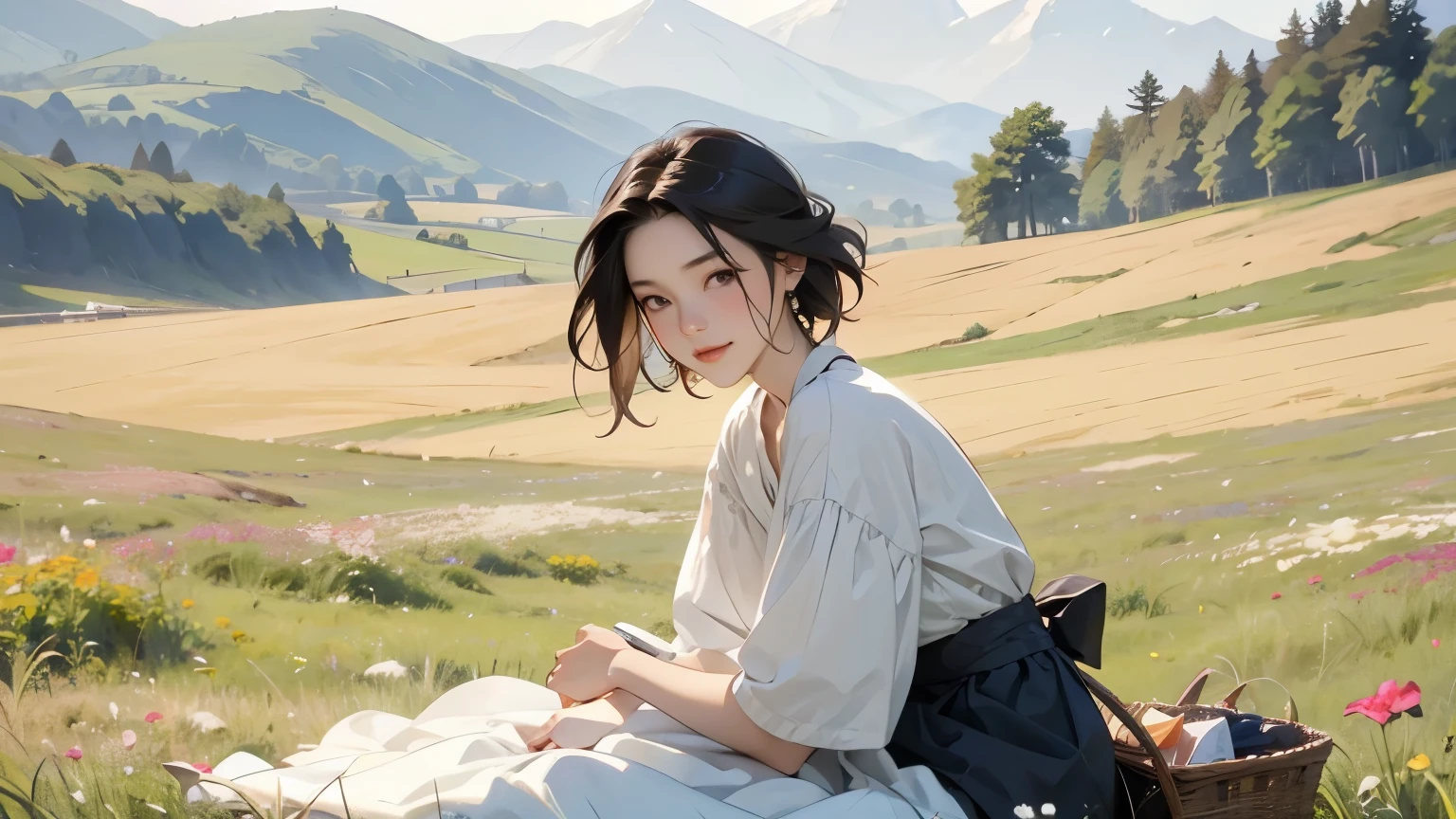 (   best quality 、  is high definition 、    Masterpiece  )、(Anime art 4k)、( realistic )、((  two women、20 years old、whole body、  Admire the Beautiful Scenery  、 sit and rest on the prairie  、  eat snacks、  basket full of flowers ))、( detailed depiction of a beautiful face )、  smiling gently  、  medium short hair  、    lots of dark brown hair  、   hair with braids、White blouse and long skirt、  dress、apron、apron dress、picnic、  movie lighting 、  ray tracing、Soft light、  Welsh landscape on a misty morning 、Blooming Grassland、 Quiet morning misty meadow  、  flowers blooming all over the prairie  、( Sargent style watercolor)、