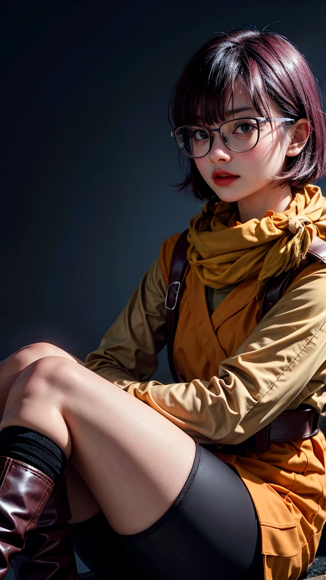 Lucca, ultra delicate face and details eyes, ultra detailed, (realistic), (solo), young woman, (purple color short bob hair, blunt bangs), BREAK (glasses), mechanical antenna earmuffs, yellow scarf, (orange color clothes), (long sleeve), BREAK (black leggings, bare knees), (boots), BREAK best quality, absolutely resolution, masterpiece, RAW photo