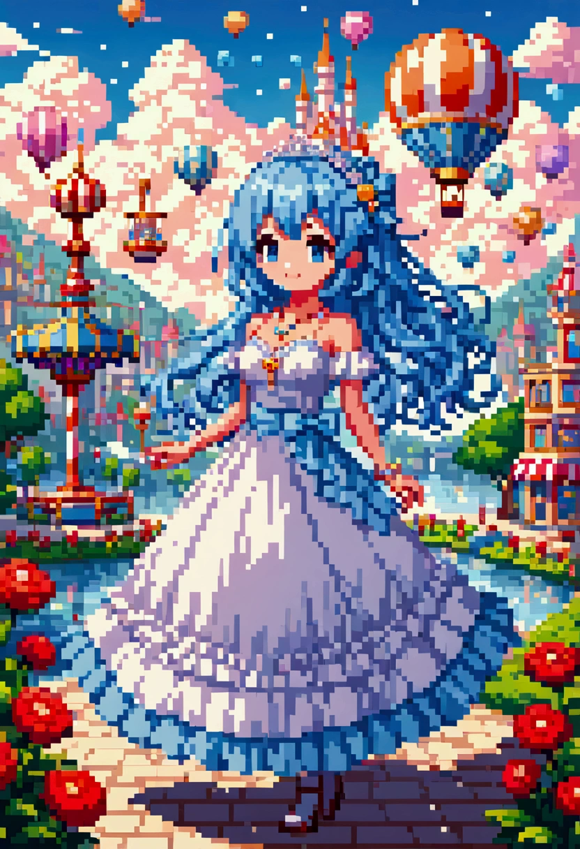 colorful fantasy amusement park, Magical Bubbles floating everywhere，Pixel Art, Blocks, Pixel Art风格, 8-bit graphics, Anime Girl，Gradient eyes， disheveled blue hair ， blush， charming smiles， Elegant and flowing dress ，Hair accessories，necklace， Whimsical and magical atmosphere ，Soft Light， bright colors ， surreal clouds ，Beautiful bokeh，Film composition，Wide-angle field of view， Stunning visual effects ，Imaginative