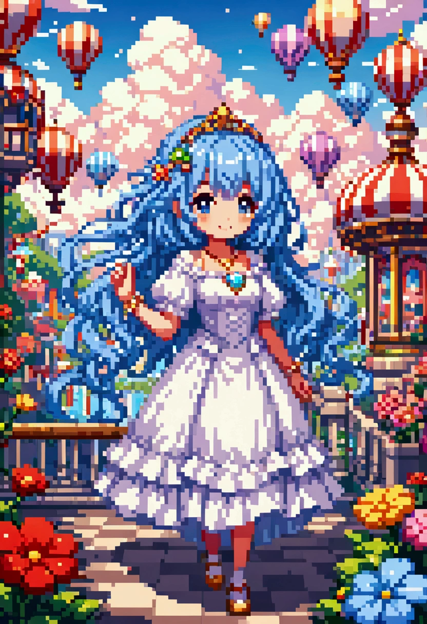 colorful fantasy amusement park, Magical Bubbles floating everywhere，Pixel Art, Blocks, Pixel Art风格, 8-bit graphics, Anime Girl，Gradient eyes， disheveled blue hair ， blush， charming smiles， Elegant and flowing dress ，Hair accessories，necklace， Whimsical and magical atmosphere ，Soft Light， bright colors ， surreal clouds ，Beautiful bokeh，Film composition，Wide-angle field of view， Stunning visual effects ，Imaginative