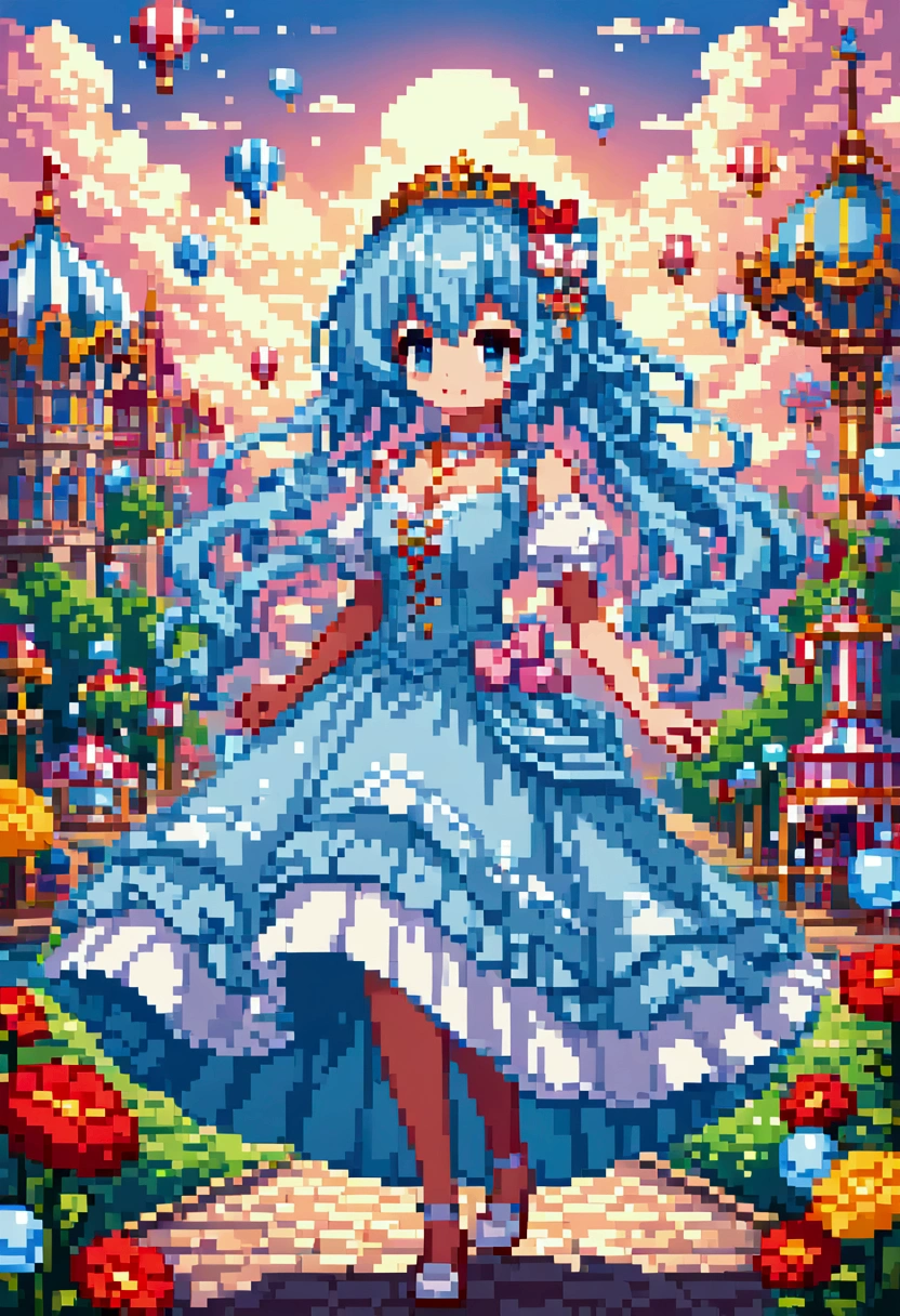 colorful fantasy amusement park, Magical Bubbles floating everywhere，Pixel Art, Blocks, Pixel Art风格, 8-bit graphics, Anime Girl，Gradient eyes， disheveled blue hair ， blush， charming smiles， Elegant and flowing dress ，Hair accessories，necklace， Whimsical and magical atmosphere ，Soft Light， bright colors ， surreal clouds ，Beautiful bokeh，Film composition，Wide-angle field of view， Stunning visual effects ，Imaginative