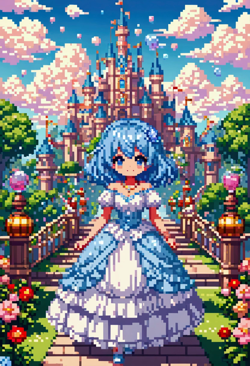 colorful fantasy amusement park, Magical Bubbles floating everywhere，Pixel Art, Blocks, Pixel Art风格, 8-bit graphics, Anime Girl，Gradient eyes， disheveled blue hair ， blush， charming smiles， Elegant and flowing dress ，Hair accessories，necklace， Whimsical and magical atmosphere ，Soft Light， bright colors ， surreal clouds ，Beautiful bokeh，Film composition，Wide-angle field of view， Stunning visual effects ，Imaginative