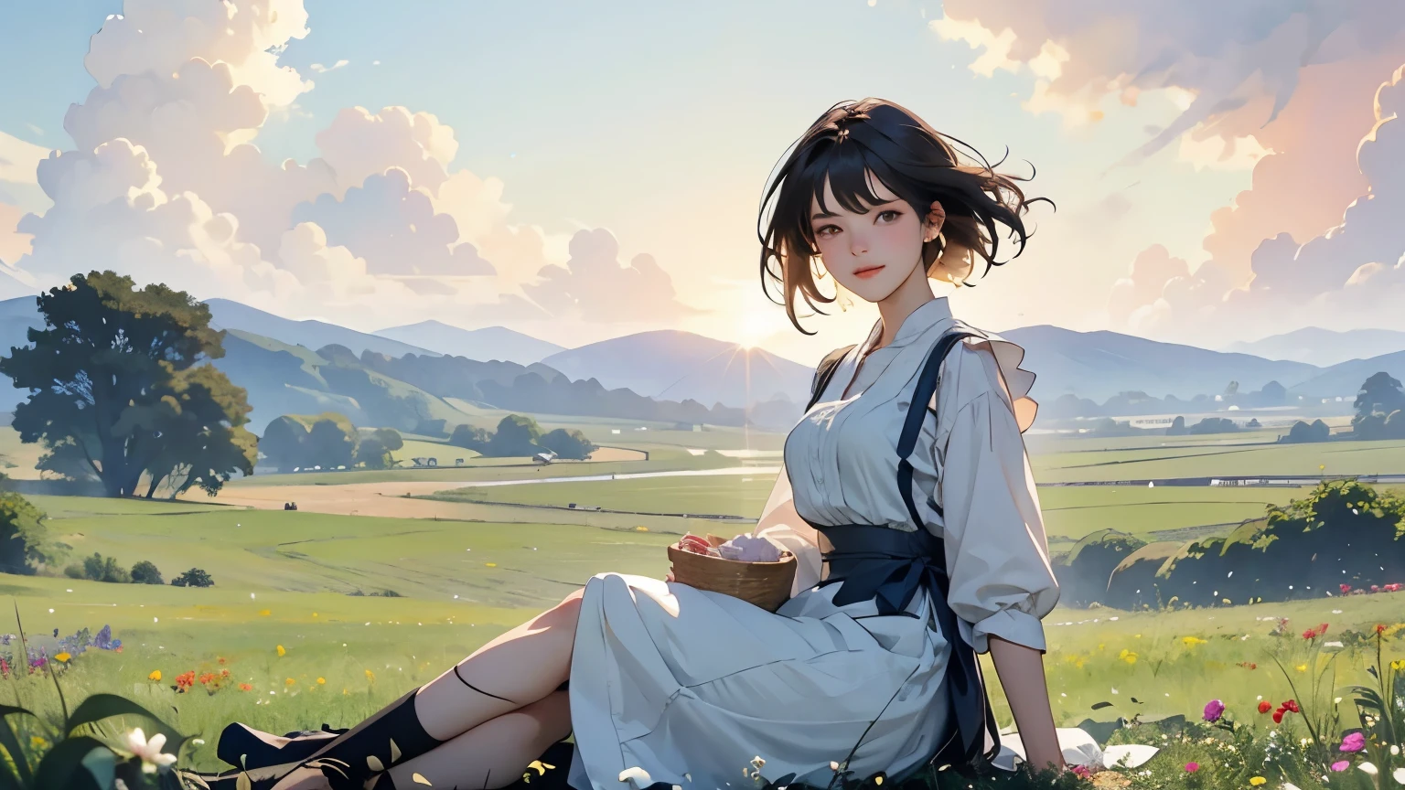 (   best quality 、  is high definition 、    Masterpiece  )、(Anime art 4k)、( realistic )、((  two women、20 years old、whole body、  Admire the Beautiful Scenery  、 sit and rest on the prairie  、  eat snacks、  basket full of flowers ))、( detailed depiction of a beautiful face )、  smiling gently  、  medium short hair  、    lots of dark brown hair  、   hair with braids、White blouse and long skirt、  dress、apron、apron dress、picnic、  movie lighting 、  ray tracing、Soft light、  Welsh landscape on a misty morning 、Blooming Grassland、 Quiet morning misty meadow  、  flowers blooming all over the prairie  、( Sargent style watercolor)、