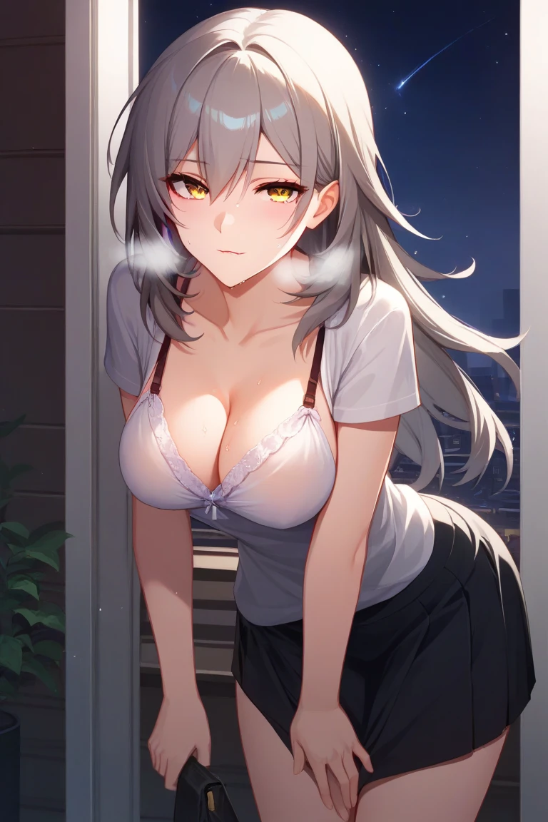 black_jacket, black_skirt, bra_strap, commentary_request, grey_hair,  long_hair, looking_at_viewer, open_jacket, short_sleeves, solo, stelle_\(honkai:_star_rail\), trailblazer_\(honkai:_star_rail\), upper_body, white_shirt, yellow_eyes, medium breast,

BREAK
1girl, solo, standing in doorway, seductive, side view, sultry look, biting side lip, (medium teardrop breast:1.2), (arching, leaning forward:1.2), looking at viewer, hands between legs, bright particles, darkness, bright red particles, silk red night gown, high contrast, female silhouette, tipsy, sparkling, pull up skirt,
sultry look, heavy breathing, seductive, sweat, in love, aroused, slut,