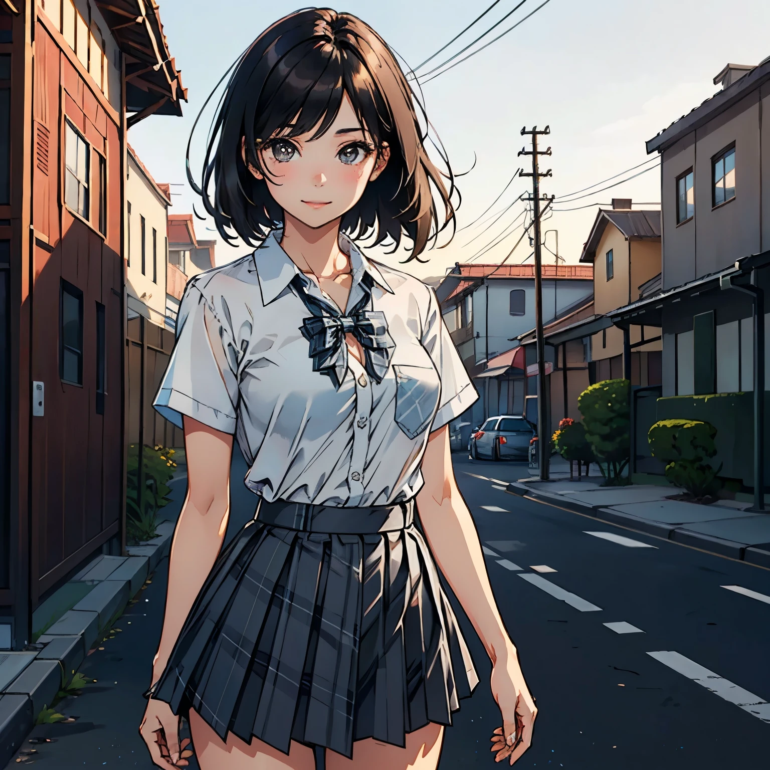 ( Masterpiece :1.2, best quality), ( realistic , photo realistic :1.4), beautiful illustration, (natural side lighting, movie lights),
View with, whole body, 1 girl, Japanese, high School girl, perfect face, cute symmetrical face , tan, shiny skin,
( long hair:1.5, side ponytail:1.4, brown hair), Hair on one eye:1.4, Chestnut brown eyes, Long eyelashes, (Big Breasts:0.6),
Beautiful Hair, beautiful face, detailed and beautiful eyes , beautiful collarbone , beautiful body, Beautiful breasts, beautiful thighs, beautiful legs with tails, Beautiful fingers ,
(( Short Sleeve Shirt with Collar , white shirt, , Grey plaid pleated skirt, blue plaid bow tie tucked between legs between hands), Wrist Chakra), white panties,
( Beautiful Scenery ), School, ( standing, widens legs, skirt flip,), ( cute smiles , Upper eyelid),