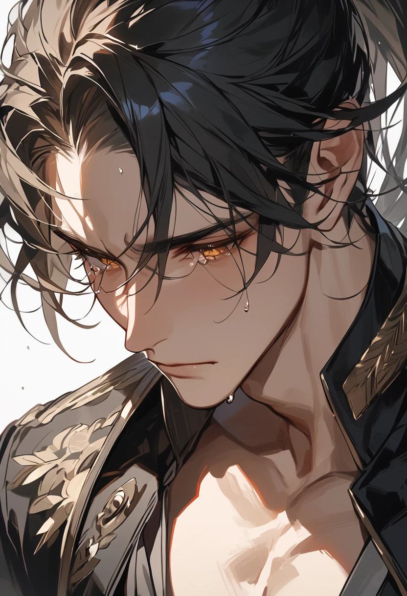 (Masterpiece, high resolution, best quality), solo, 1 male, 25-years old man, handsome, sexy, tanned skin, black hair, male ponytail, yellow eyes, male fantasy clothes, tears on eyes, half body