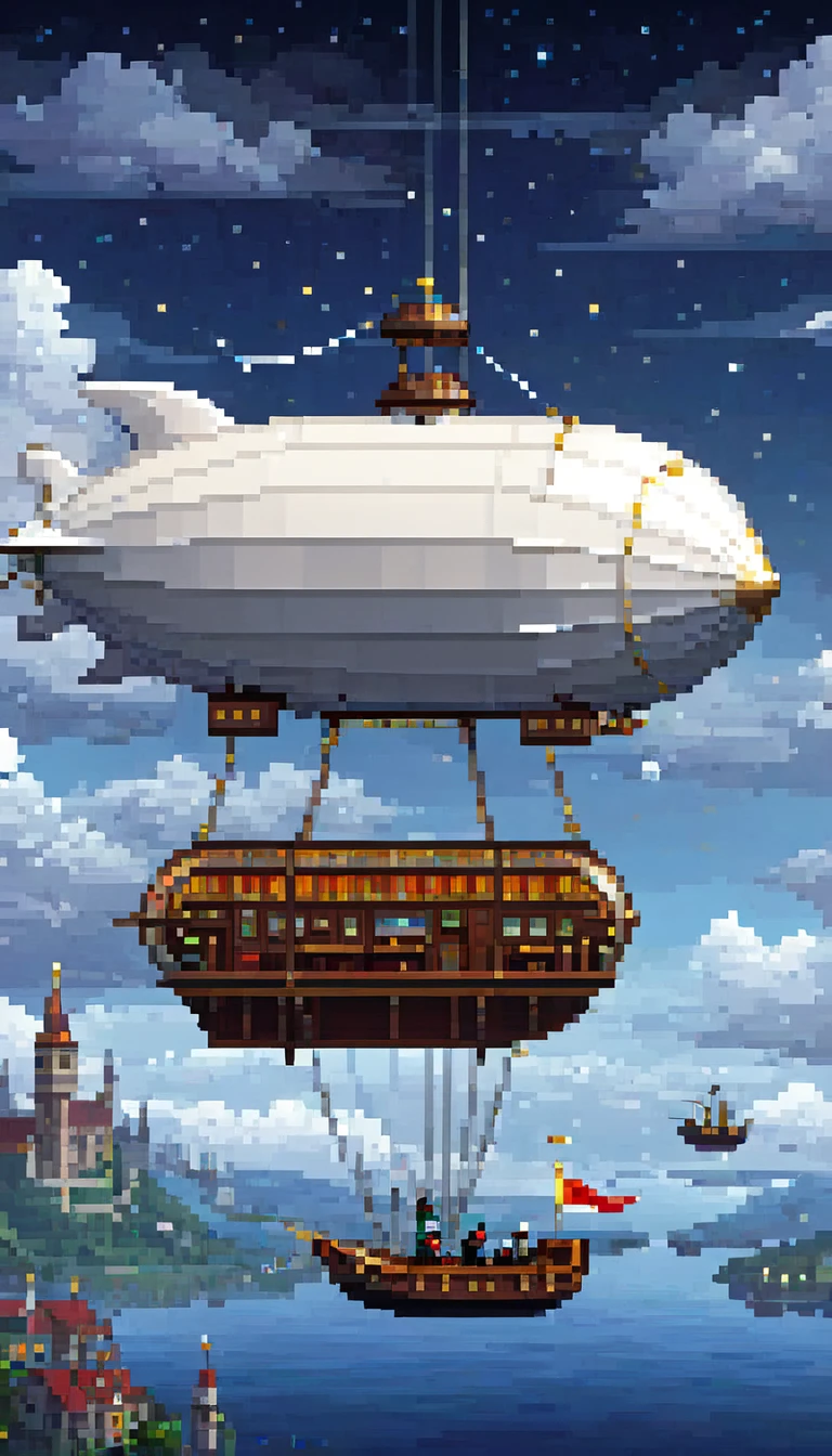 pixel art, (1 a white small dirigible airship adventure (1 a gondola)), night, clouds, stars, surround sky
