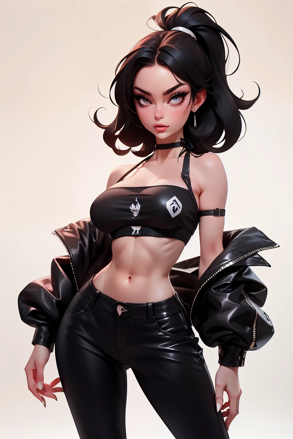 professional photoshoot, solo, emmanorts as apocalypse mercenary female, (black hair:1.2), tight medium hairstyle, medium hair, visible forehead, black ((black tube bra)), (dark tube top bikini:1.5), (black crop top), ((visible underboob)), leather pants, large breasts,, aesthetic should be classy and elegant, blank background