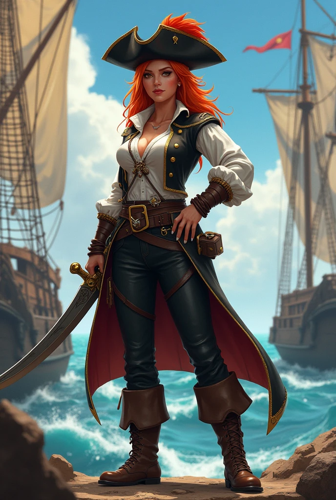 girl, female pirate, miniskirt, red hair, black hair, full body shot, clyde caldwell