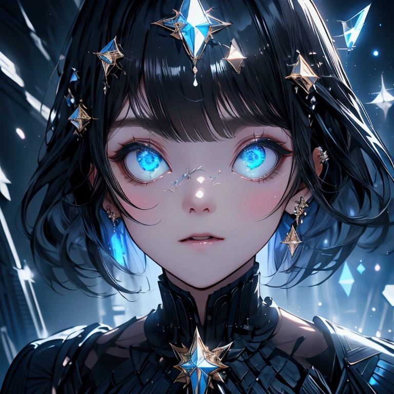 （ Luxurious Design 、 high image quality、 black background、blue tone 、 face up） girl、 big explosion in background 、Black Hair、 medium hair、Up Bang、Holding a shard of flat glass、Brittle、 Glassy Eyes、Sparkling Eyes （Glowing Eyes）、Black clothing、 dress