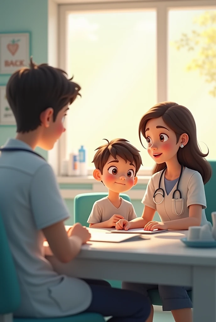 Image of a psychologist with a girl standing and a boy standing happily without background