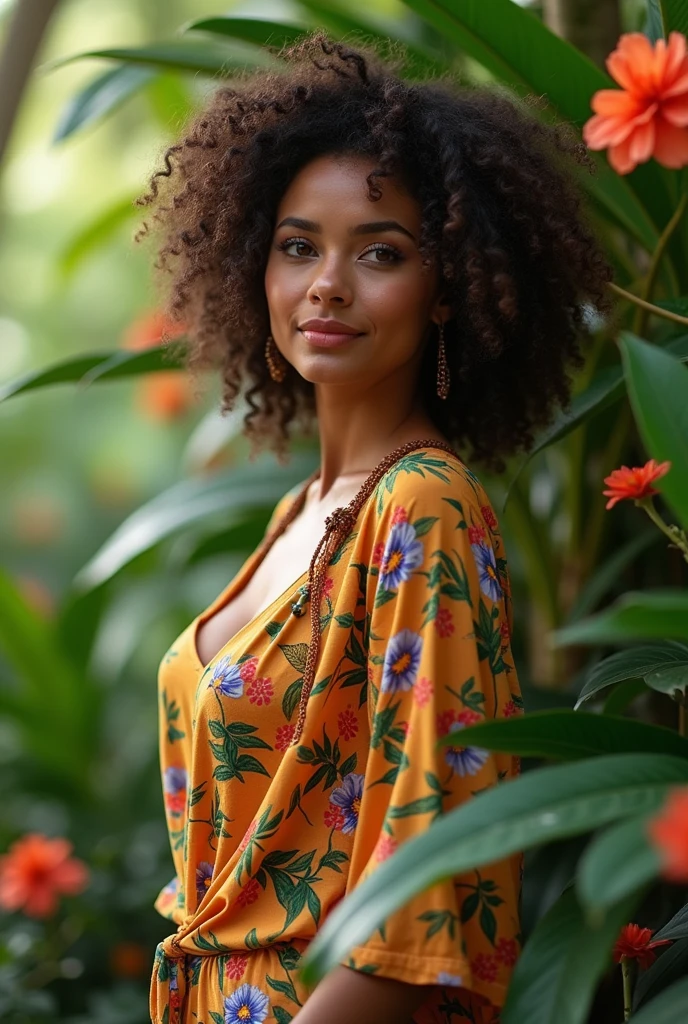 A Brazilian woman in a lush tropical garden, wearing an open shirt with a floral print, with a close-up capturing the harmonious beauty between her breasts and the natural flowers, showing off your natural charm and outgoing personality.